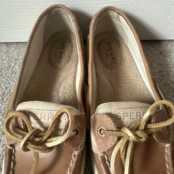Sperry Angelfish Top Sider Metallic Leather & Linen Tan Boat Shoes Womens 6 - Picture 2 of 13